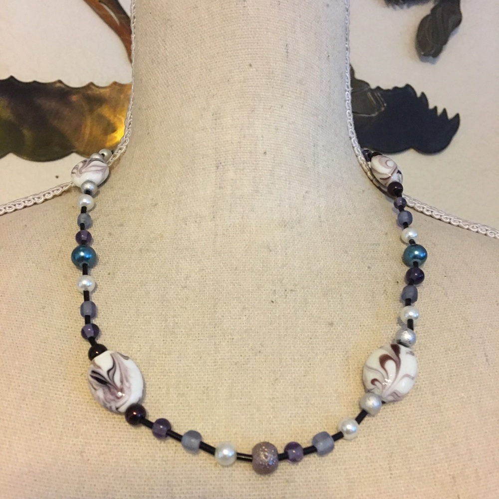 Handcrafted purple marbled glass bead necklace